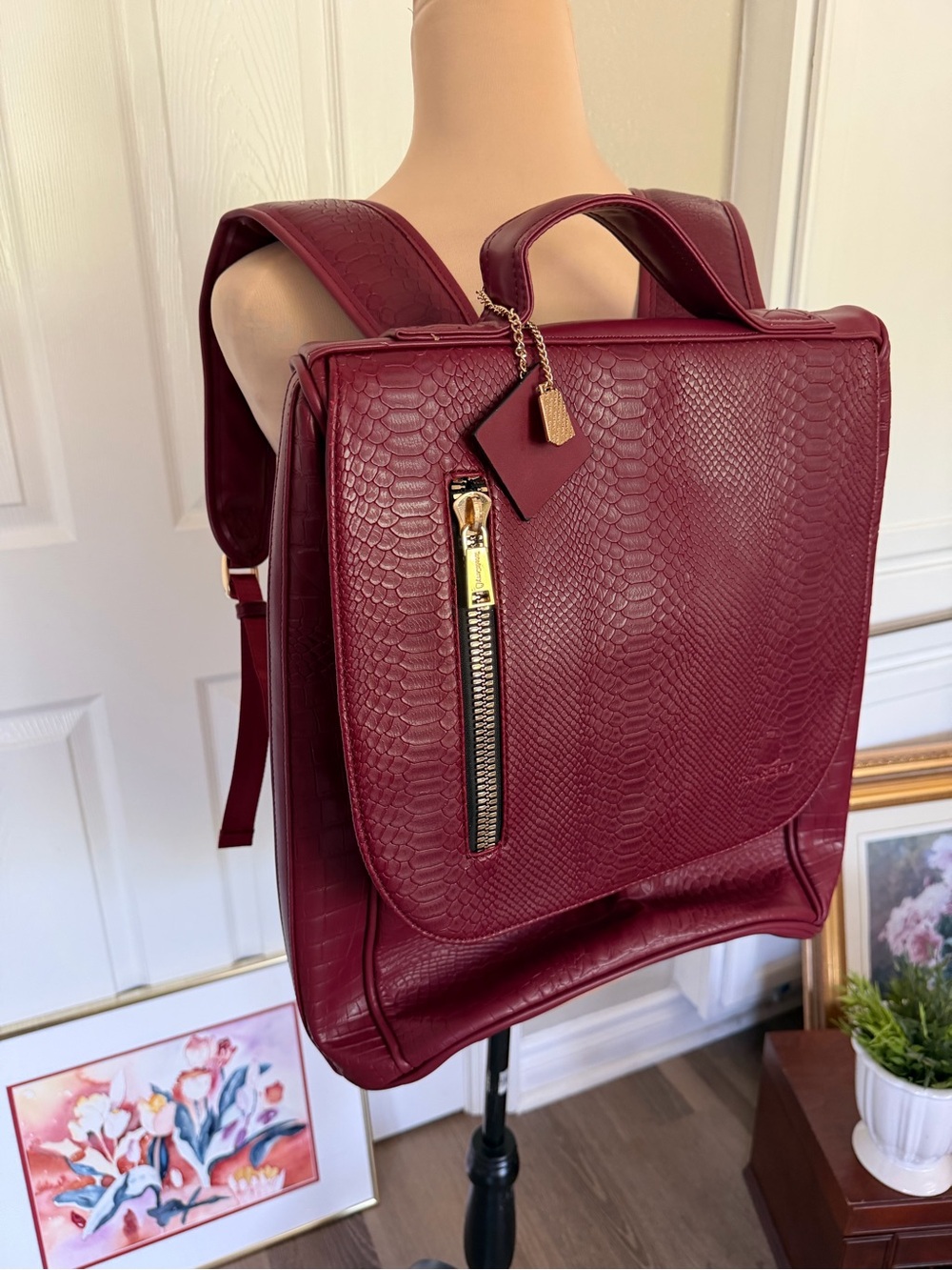 Burgundy Faux-Croc Backpack with Gold Zip